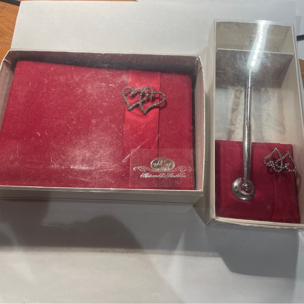 Red Satin Guest Book and Pen Set Rhinestone Heart Accents Vintage New Old Stock